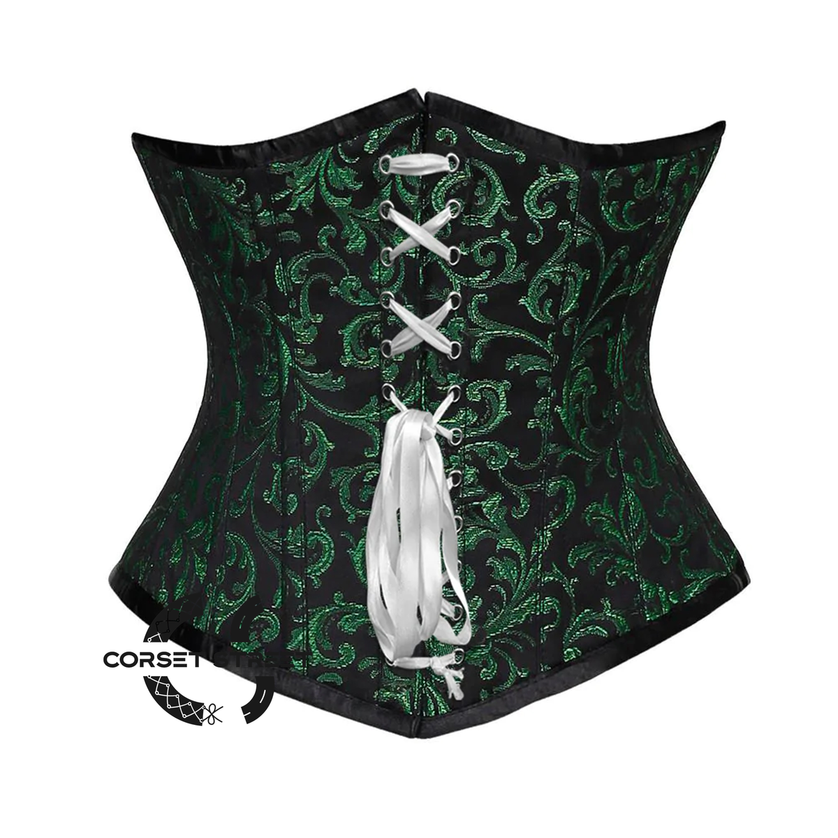 Green And Black Brocade With Front White Lace Underbust Corset Gothic Costume Bustier Top