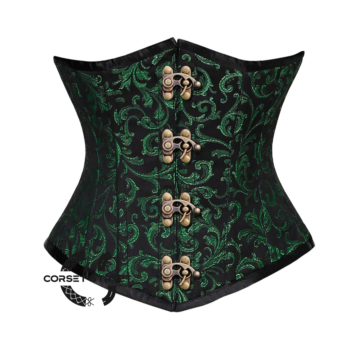 Green And Black Brocade With Front Clasps Underbust Corset Gothic Costume Bustier Top
