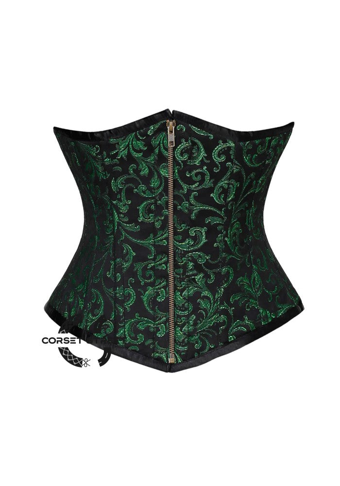 Green And Black Brocade With Front Antique Zipper Underbust Corset Gothic Costume Bustier Top