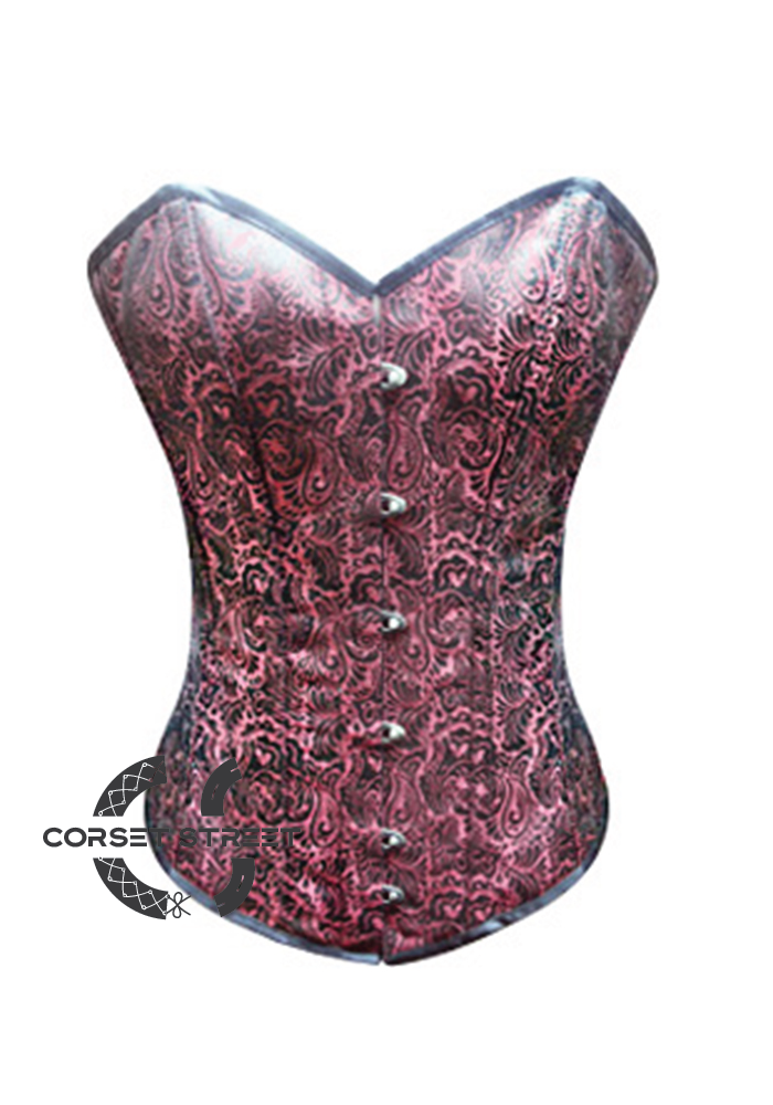 Red and Black Long Brocade Overbust Gothic Waist Cincher Corset For Halloween Plus Size Costume