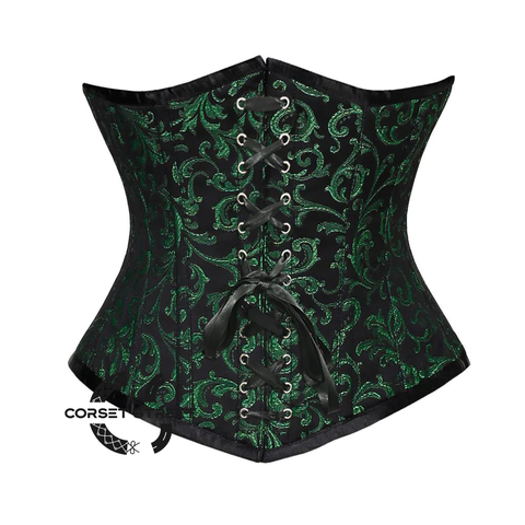 Green And Black Brocade With Front Lace Underbust Corset Gothic Costume Bustier Top