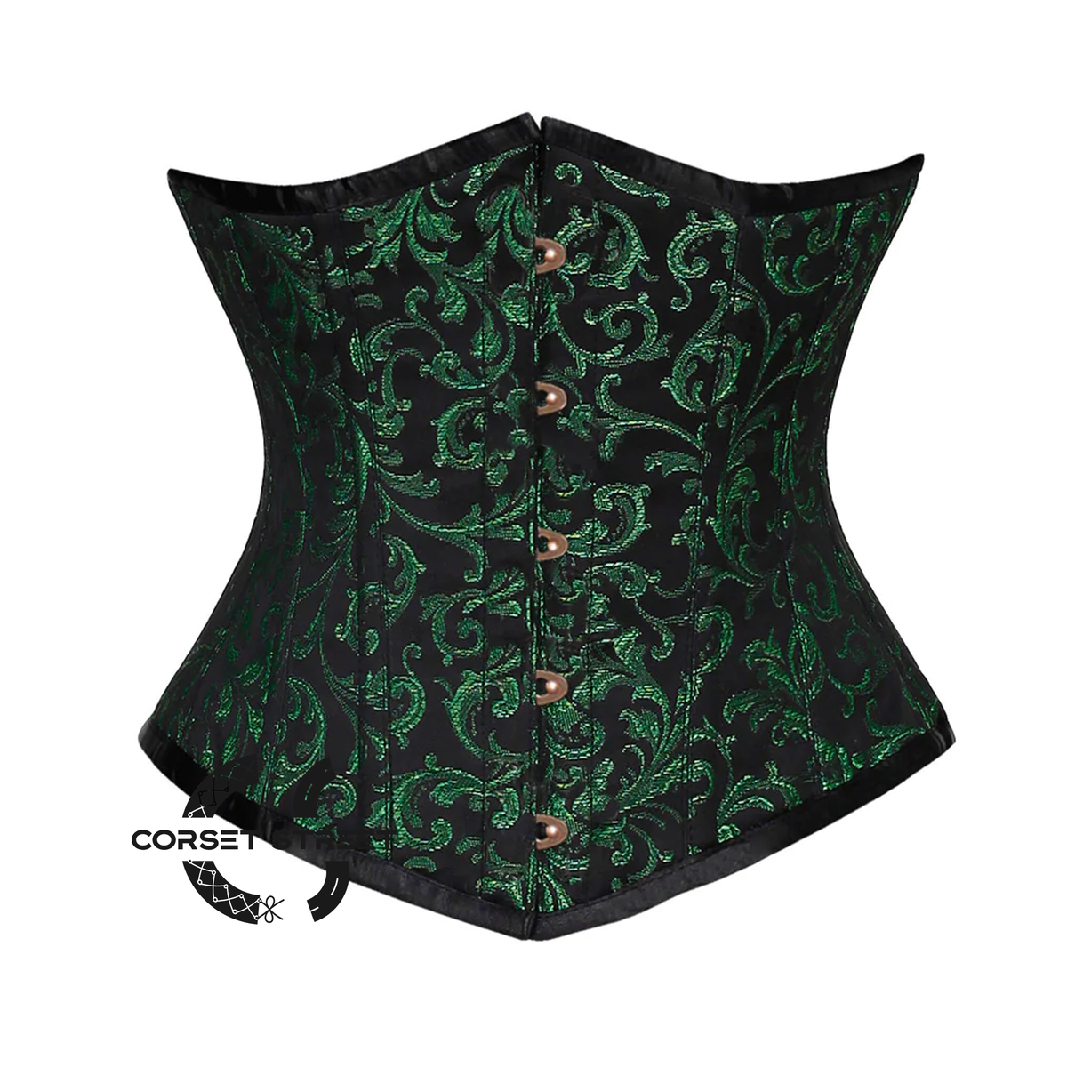 Green And Black Brocade With Front Antique Busk Underbust Corset Gothic Costume Bustier Top