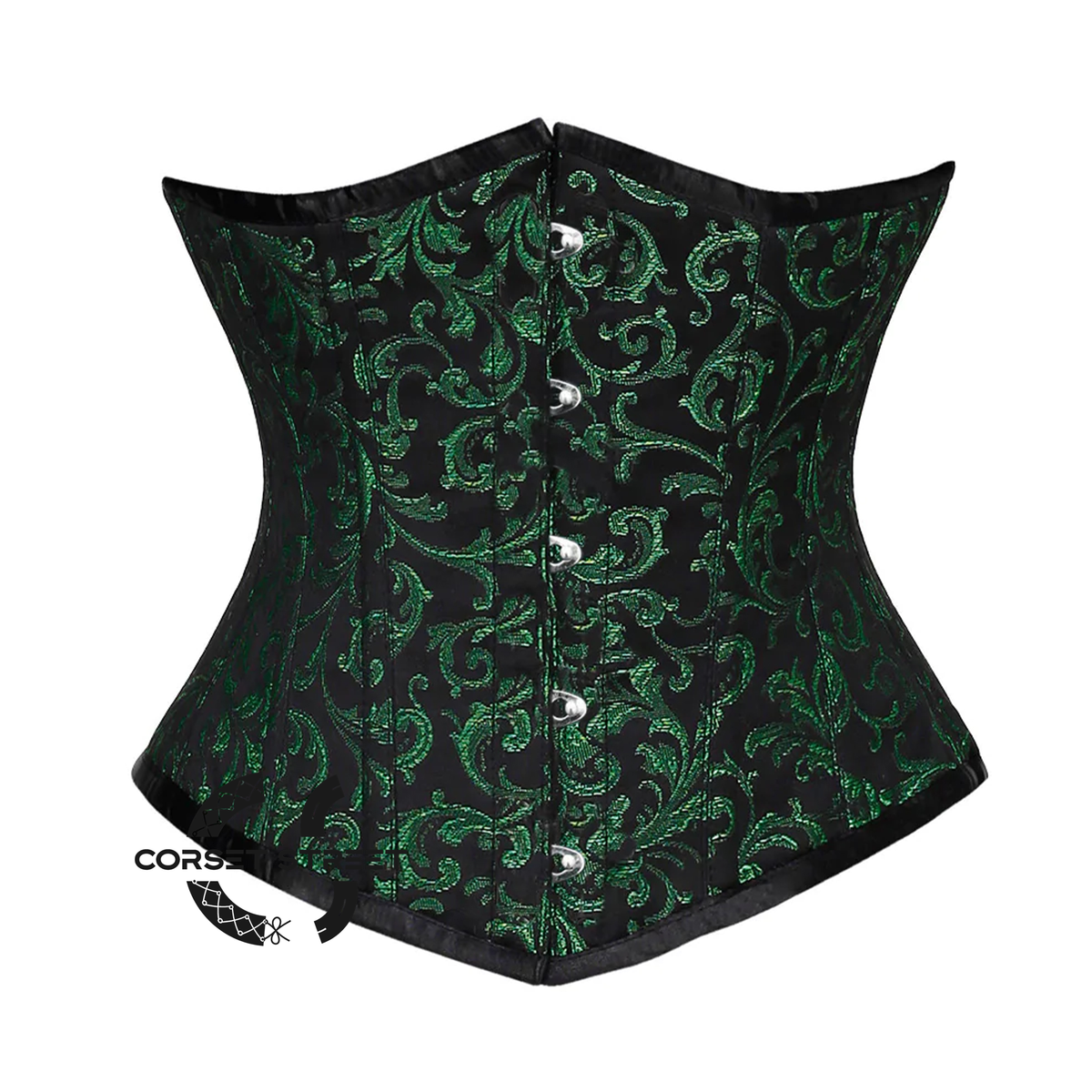 Green And Black Brocade With Front Silver Busk Underbust Corset Gothic Costume Bustier Top