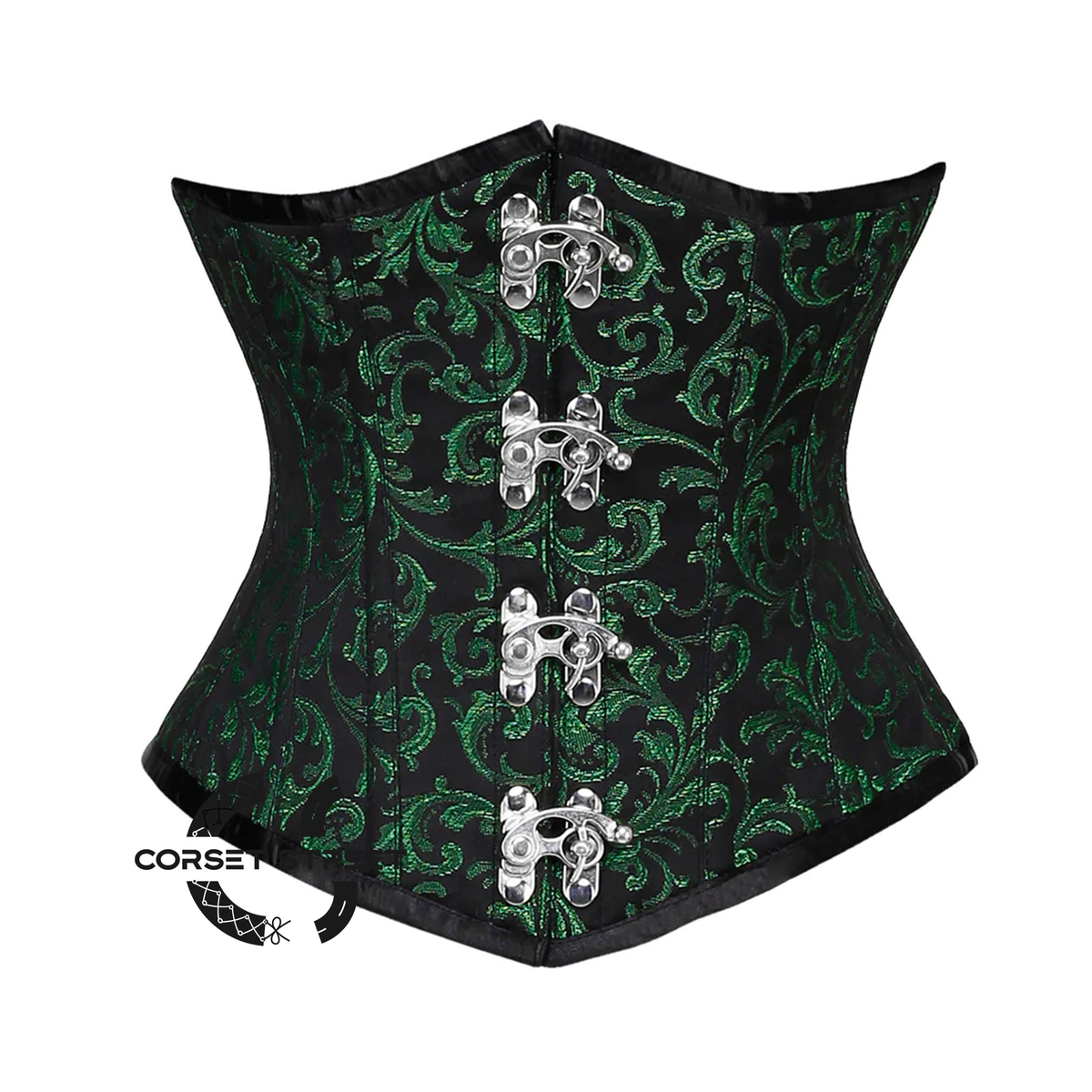 Green And Black Brocade With Front Silver Clasps Underbust Corset Gothic Costume Bustier Top