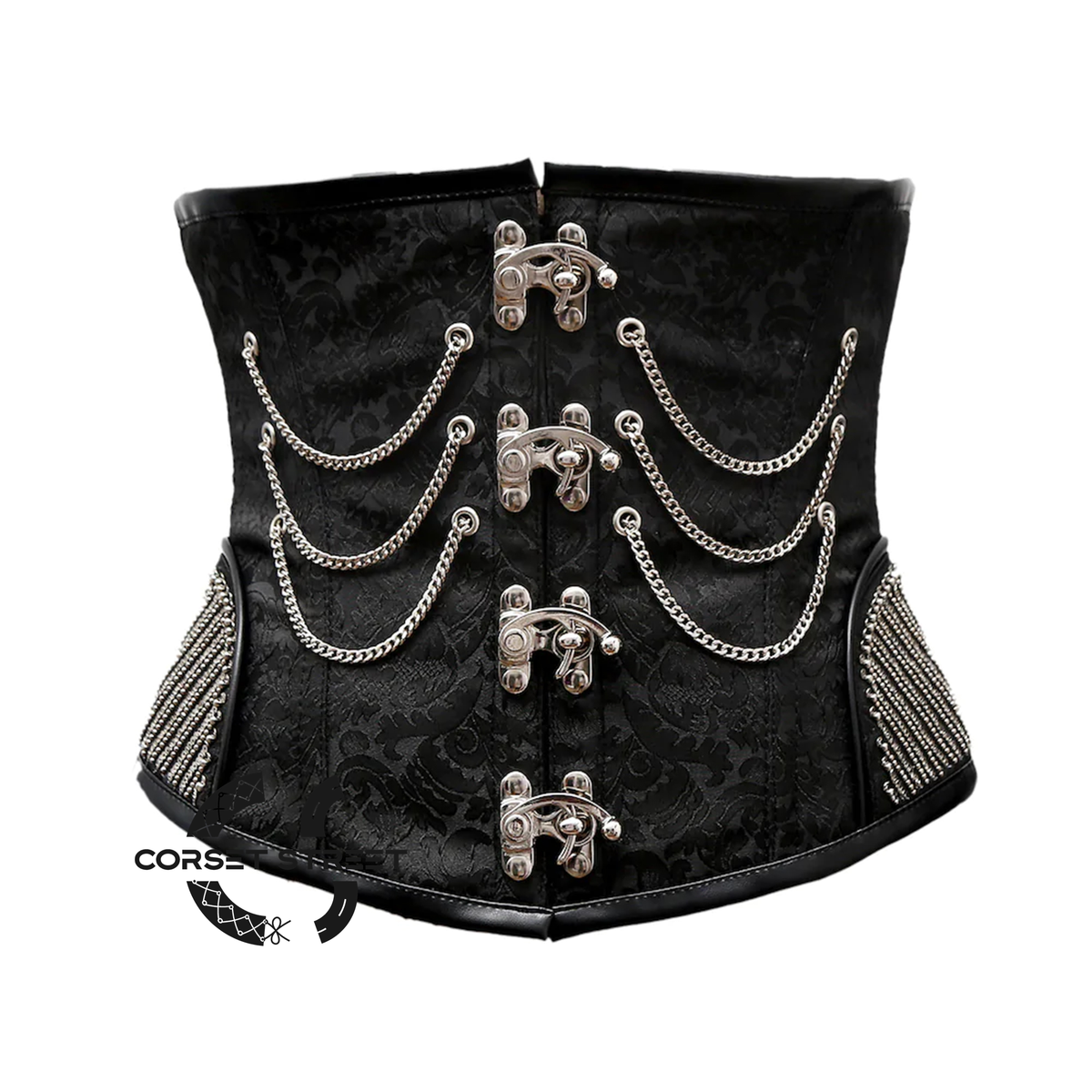 Black Brocade With Silver Sequins Work Steampunk Underbust Corset Gothic Costume Bustier Top