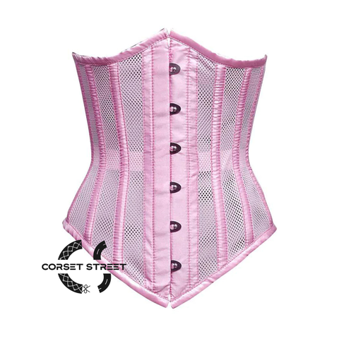 Pink Satin Mesh With Front Silver Busk Long Underbust Corset Gothic Costume Bustier Top