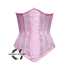 Pink Satin Mesh With Front Close Long Underbust Corset Gothic Costume Bustier Top