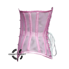 Pink Satin Mesh With Front Close Long Underbust Corset Gothic Costume Bustier Top