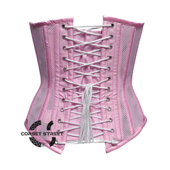 Pink Satin Mesh With Front Close Long Underbust Corset Gothic Costume Bustier Top