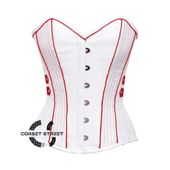 White Satin With Red Thread Design Gothic Overbust Corset Top