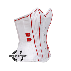 White Satin With Red Thread Design Gothic Overbust Corset Top