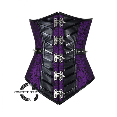 Purple And Black Brocade With Faux Leather Stripe Long Underbust Corset Gothic Steampunk Costume