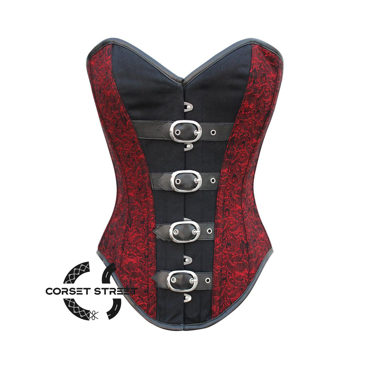 Red And Black Brocade Black Cotton Gothic Steampunk Costume Overbust Corset
