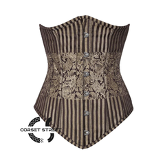 Brown and Golden Brocade With Front Silver Busk Gothic Long Underbust Waist Training Bustier Corset