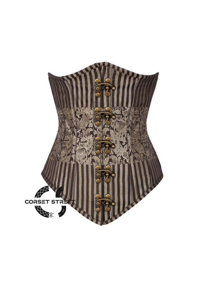 Brown and Golden Brocade With Front Clasps Gothic Long Underbust Waist Training Bustier Corset