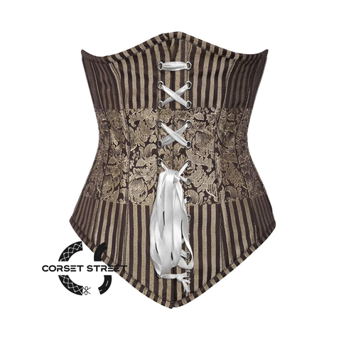 Brown and Golden Brocade With White Lace Gothic Long Underbust Waist Training Bustier Corset