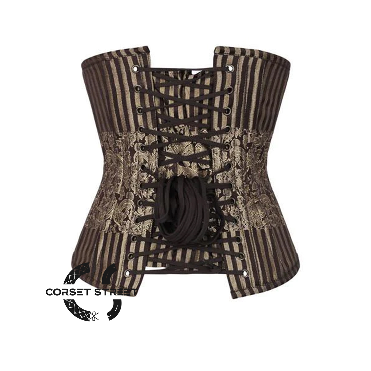 Brown and Golden Brocade With White Lace Gothic Long Underbust Waist Training Bustier Corset