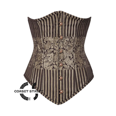 Brown and Golden Brocade With Front Antique Busk Gothic Long Underbust Waist Training Bustier Corset