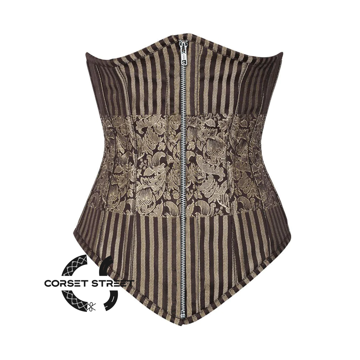 Brown and Golden Brocade With Front Silver Zipper Gothic Long Underbust Waist Training Bustier Corset