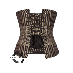 Brown and Golden Brocade With Front Silver Zipper Gothic Long Underbust Waist Training Bustier Corset