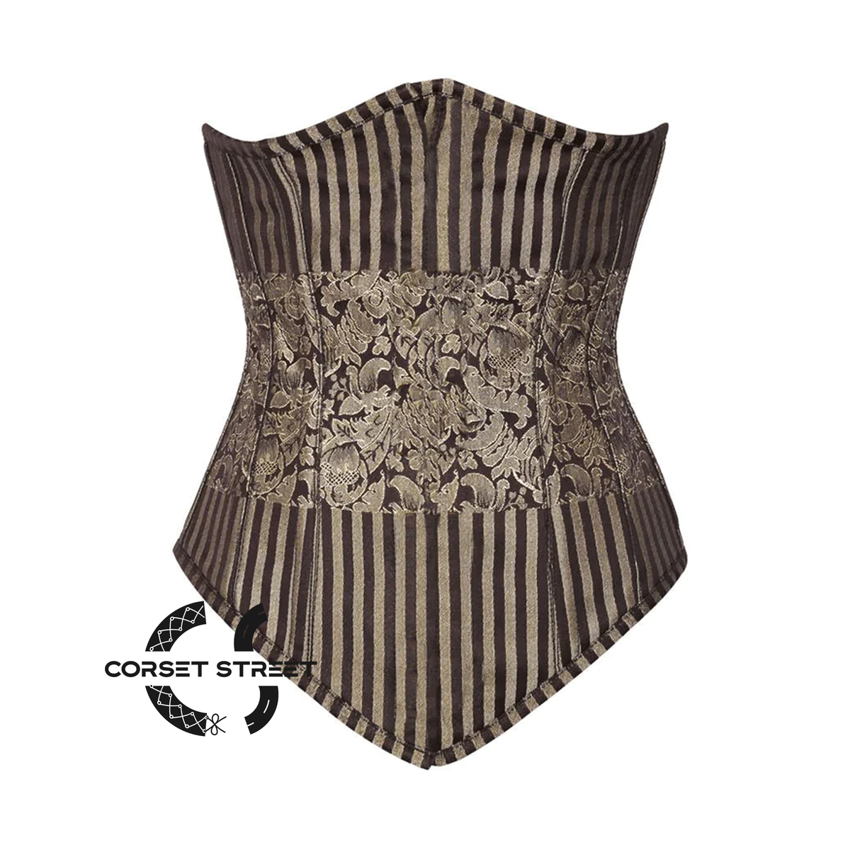 Brown and Golden Brocade With Front Close Gothic Long Underbust Waist Training Bustier Corset