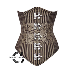 Brown and Golden Brocade With Front Silver Clasps Gothic Long Underbust Waist Training Bustier Corset