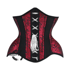 Red and Black Brocade Black Cotton With White Lace Gothic Underbust Waist Training Corset