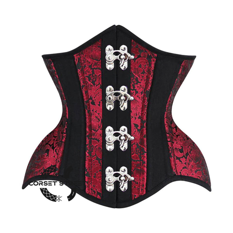 Red and Black Brocade Black Cotton With Front Silver Clasps Gothic Underbust Waist Training Bustier Corset