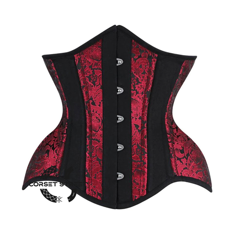 Red and Black Brocade Black Cotton With Front Silver Busk Gothic Underbust Waist Training Bustier Corset