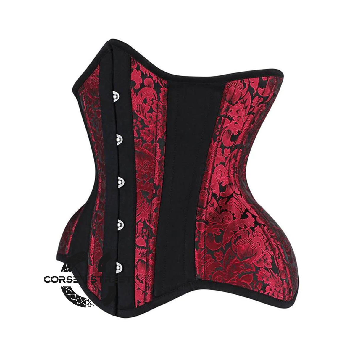 Red and Black Brocade Black Cotton With Front Silver Busk Gothic Underbust Waist Training Bustier Corset