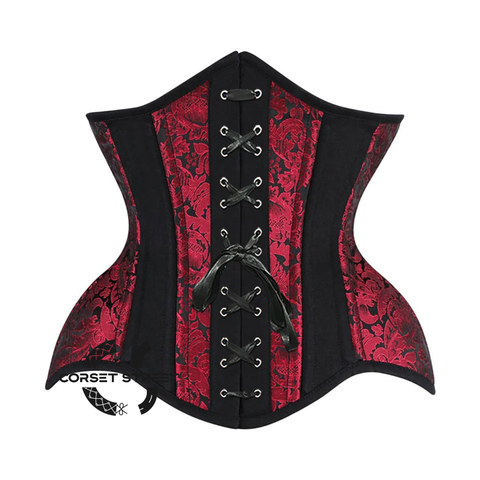 Red and Black Brocade Black Cotton With Front Lace Gothic Underbust Waist Training Bustier Corset