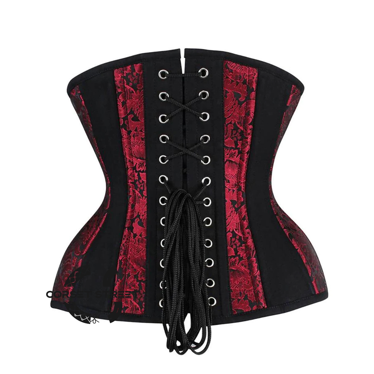 Red and Black Brocade Black Cotton With Antique Zipper Gothic Underbust Waist Training Bustier Corset