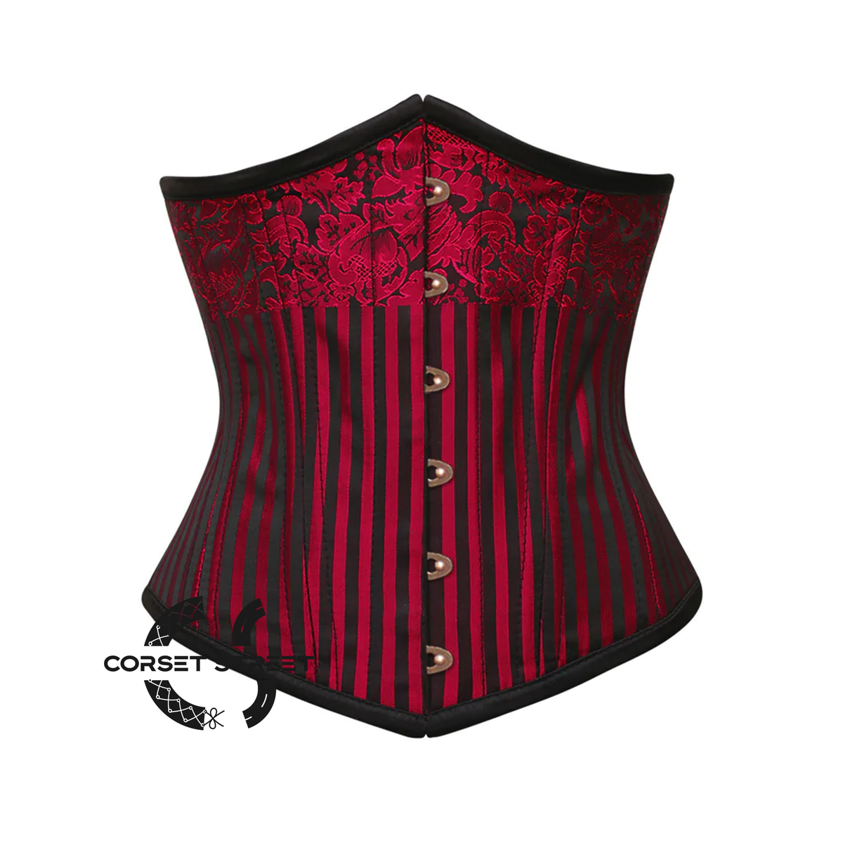 Red and Black Brocade Steel Boned Front Antique Busk Underbust Corset