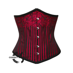 Red and Black Brocade Steel Boned Front Silver Busk Underbust Corset