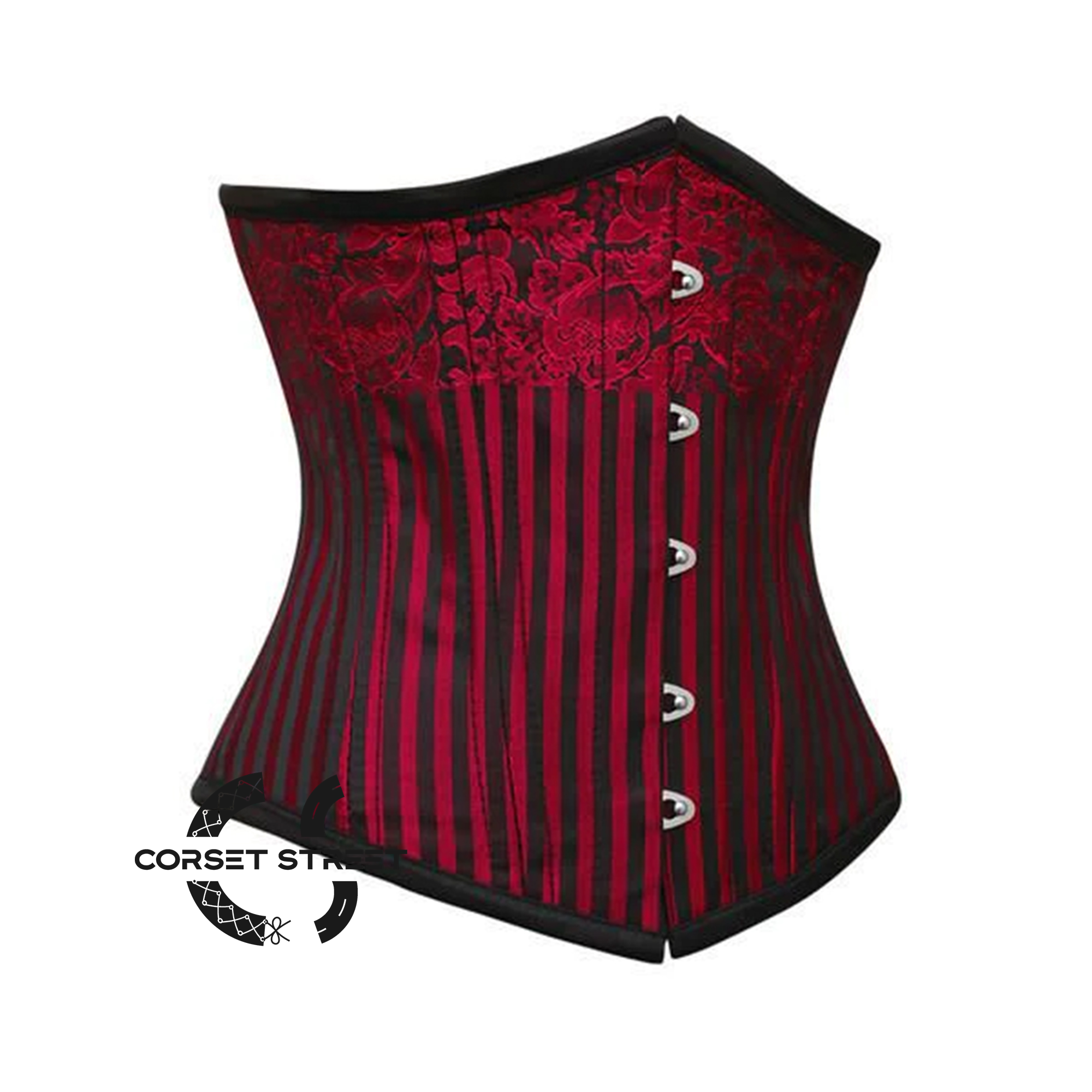 Red and Black Brocade Steel Boned Front Silver Busk Underbust Corset