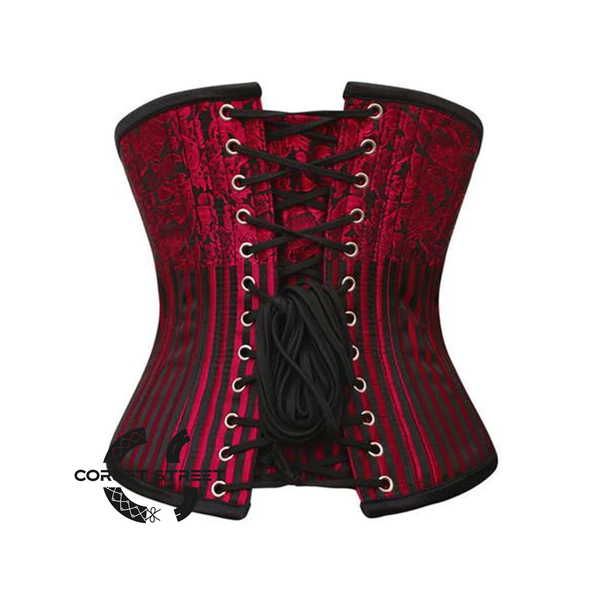 Red and Black Brocade Steel Boned Front Silver Busk Underbust Corset