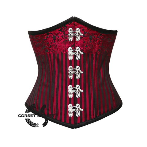 Red and Black Brocade Steel Boned Front Silver Clasps Underbust Corset