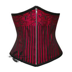 Red and Black Brocade Steel Boned Front Silver Zipper Underbust Corset