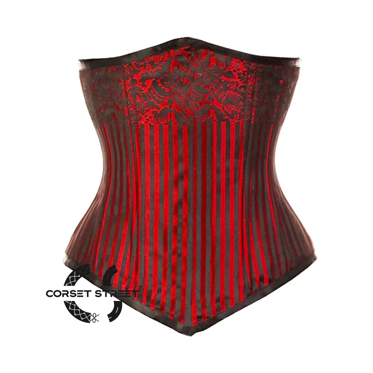 Red Brocade Double Boned Long Front Close Underbust Steampunk Corset