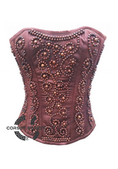 Burgundy Satin Wooden Handmade Sequins Waist Cincher Women Overbust Corset Top