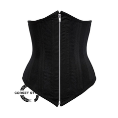 Black Cotton Mesh Double Boned Front Zipper Long Underbust Steampunk Corset