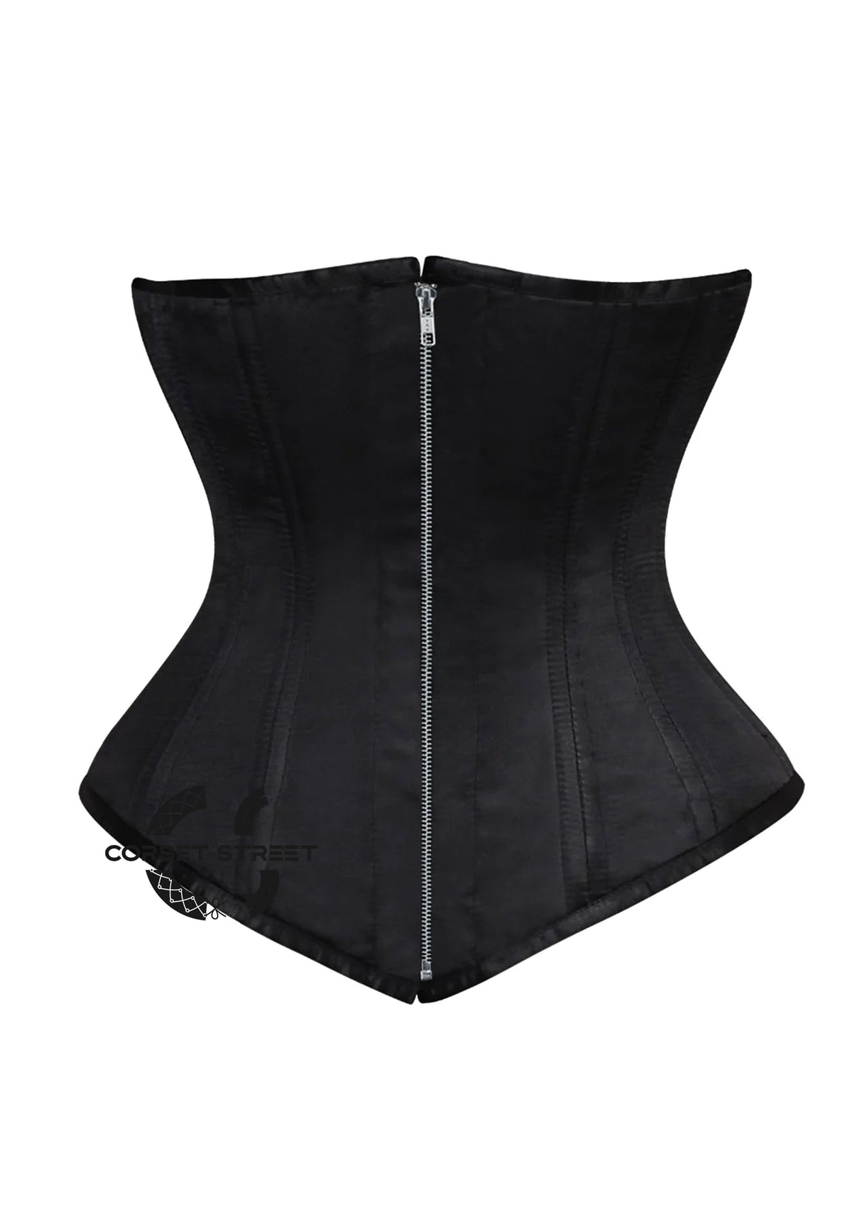 Black Satin Double Boned Front Zipper Longline Underbust Steampunk Corset