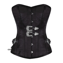 Black Satin Steampunk Overbust Gothic Waist Training Corset