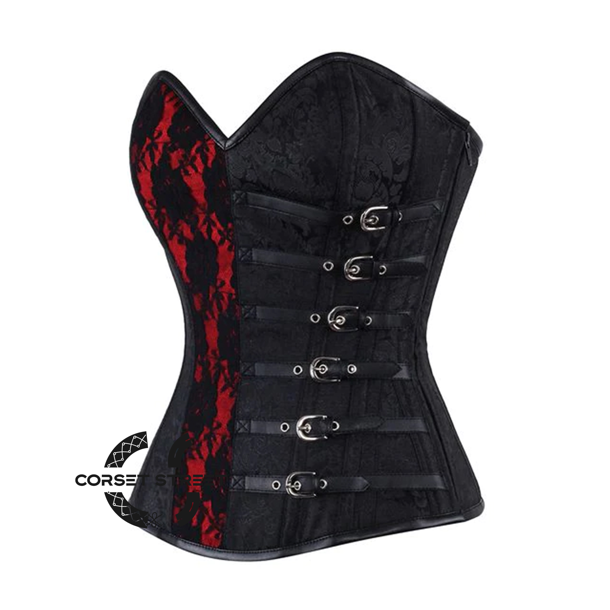 Black Brocade Red Net Design Steampunk Overbust Gothic Waist Training Corset