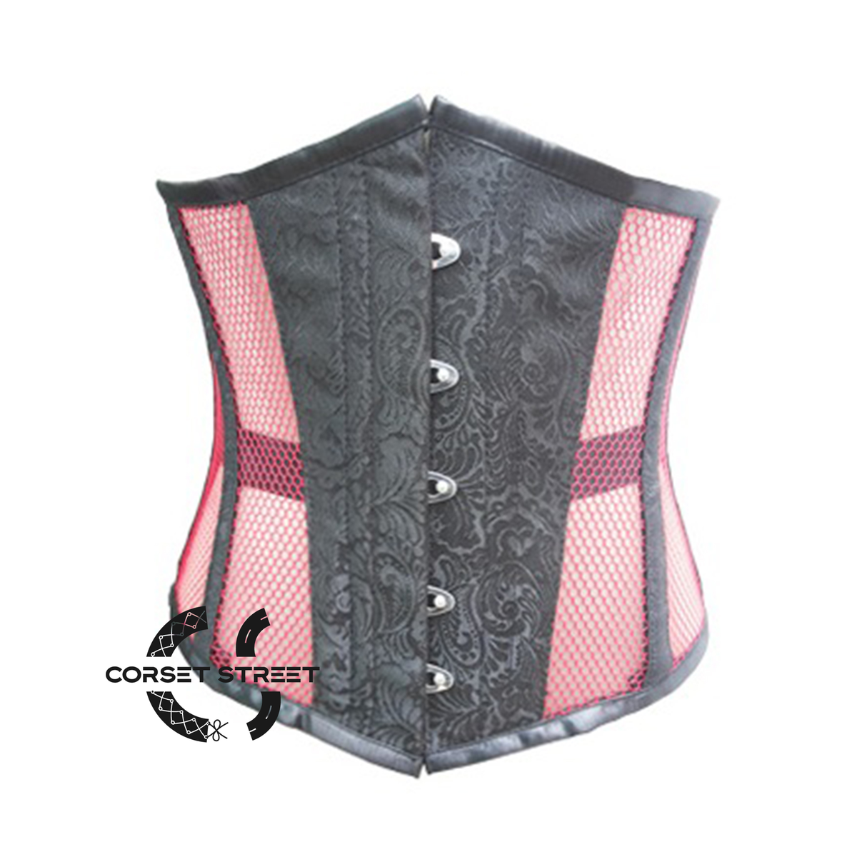 Black Brocade Pink Net Gothic Steampunk Bustier Waist Training Underbust Corset Costume