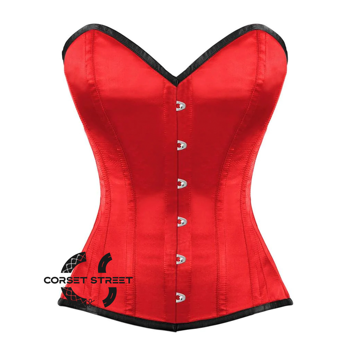 Red Satin Black Piping Overbust Gothic Waist Training Corset