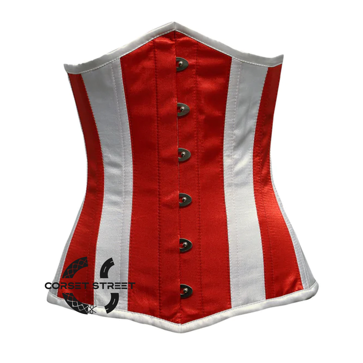 Red White Satin Long Pointed Underbust Steampunk Corset