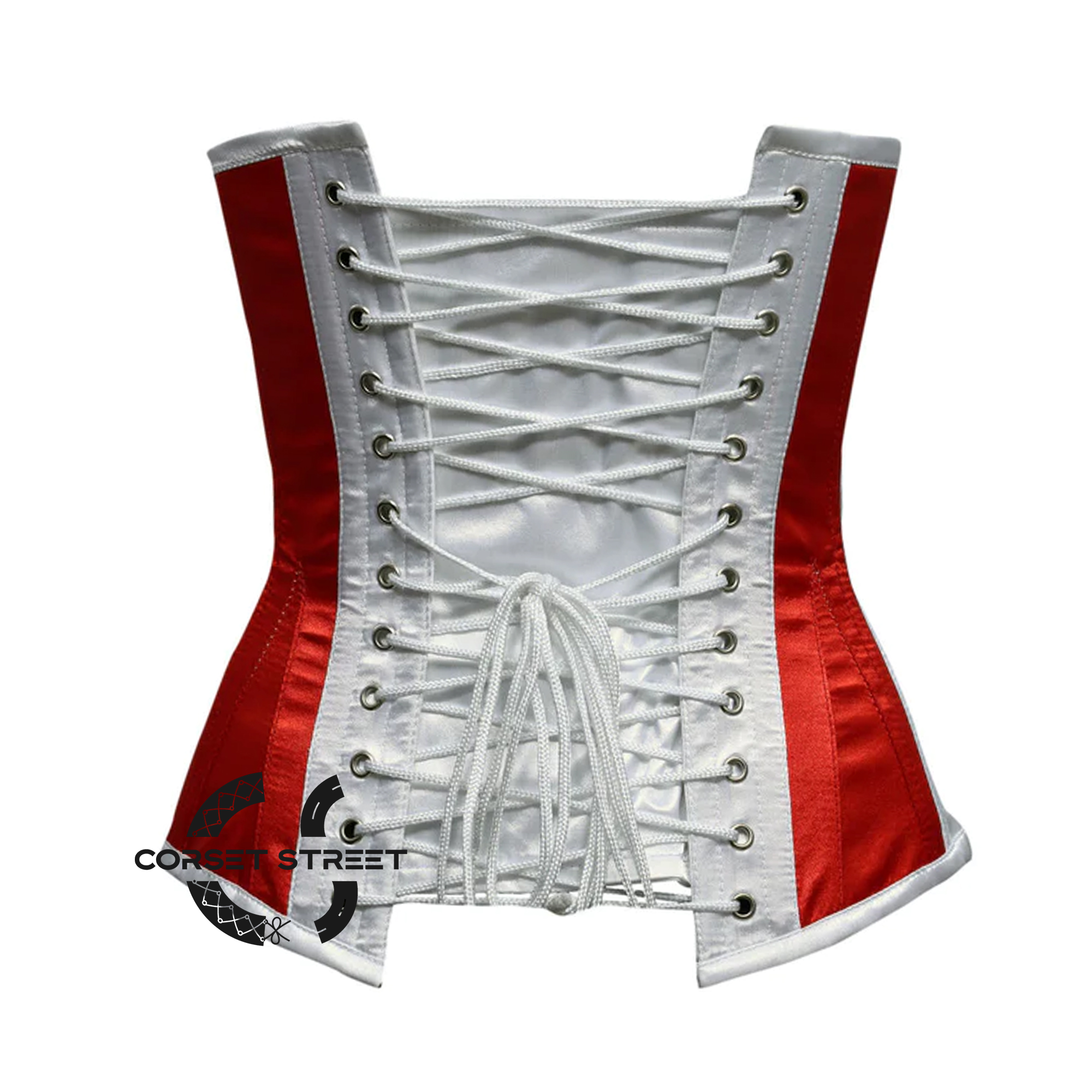 Red White Satin Long Pointed Underbust Steampunk Corset