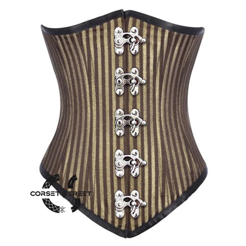 Brown and Golden Brocade With Front Silver Clasps Gothic Long Underbust Waist Training Corset