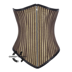 Brown and Golden Brocade With Front Silver Zipper Gothic Long Underbust Waist Training Corset